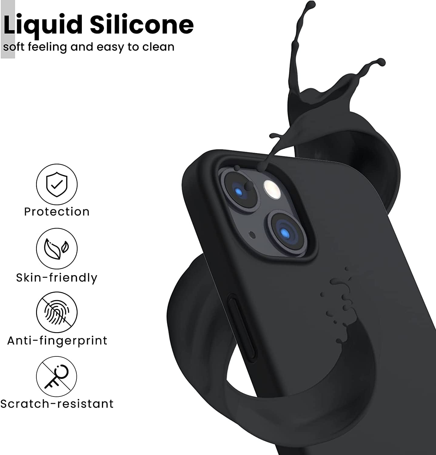 Designed for Iphone 13 Case, Shockproof Liquid Silicone-Black | 3 Layers Full Covered, Soft Gel Rubber, Non-Slip Grip, Anti-Shock Cover, Drop Protection Phone Cases 6.1Inch