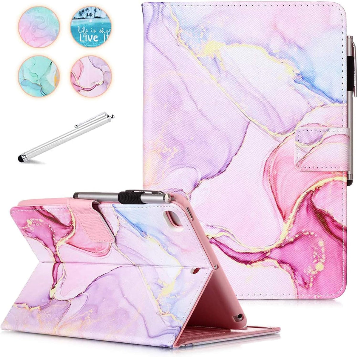 Ipad Mini 5 Case Mini 4 Mini 3 2 Cover,  Smart Wake Sleep Flip Stand Case Soft PU Leather Protective Case with Card Slot Pen Holder for Apple Ipad Mini 1 2 3 4 5 - Pink Marble
