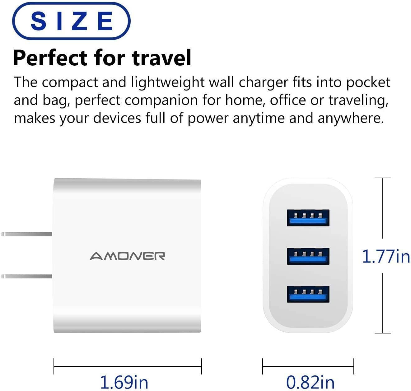USB Wall Charger,  2Pack 15W 3-Port USB Charger Block Iphone Cube Charging Blocks for Iphone 14/13/12/11/X/XR/X/8/7/6, Galaxy, Android Phones and More | Fits Iphone 16/15/14/13/12/11/X/8, Galaxy, Android&Ipad Smart IC Fast Charge, 3 USB Ports for Home, Office & Travel