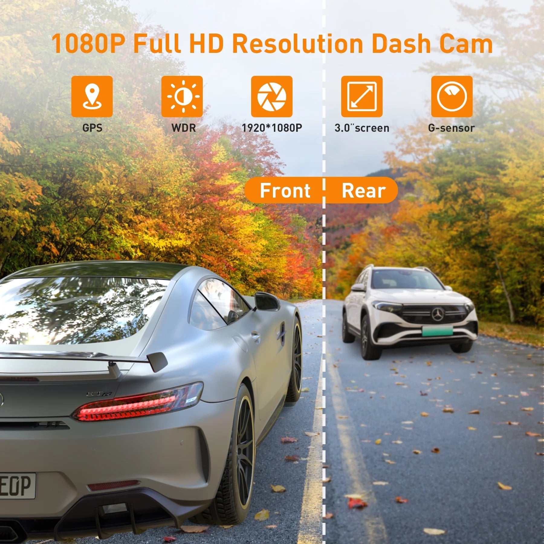 Dash Cam Front & Rear 1080P Full HD Night Vision, Parking Mode, G-Sensor, Loop Recording, WDR, 3-Inch LCD