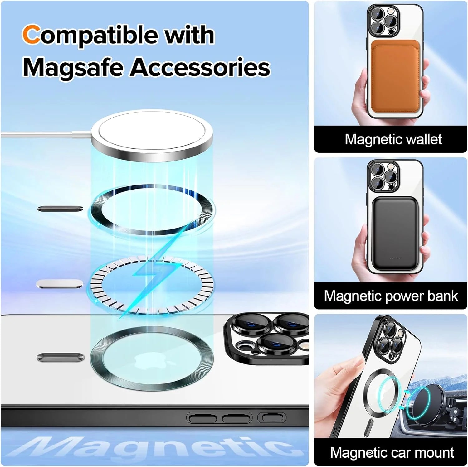 Magnetic Clear Case Compatible with Iphone 15 Pro Max, Flexible Fashion Cover, Black
