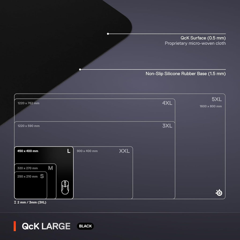 Steelseries Qck Large Gaming Mousepad — Black — Non-Slip Silicone Rubber Base — Peak Tracking and Stability — Optimized for Gaming Sensors — 490 Mm X 420 Mm — FPS, Mobas, RTS, MMO