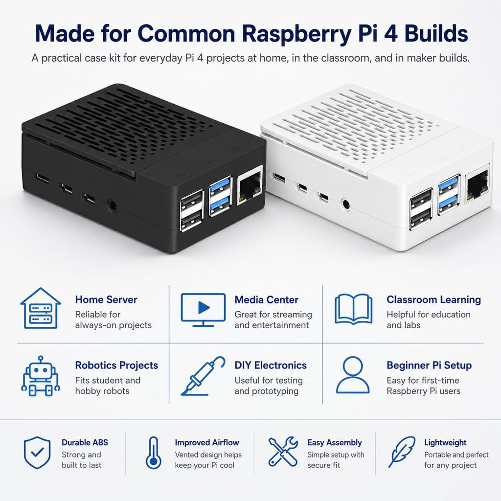 Case for Raspberry Pi 4, ABS Pi 4 Case with Cooling Fan, Pi 4 Heatsink, Simple Removable Top Cover for Pi 4 Model B/ 4B